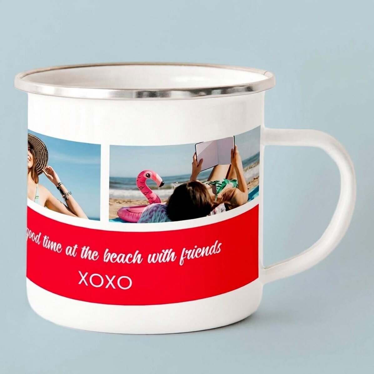 Personalised enamel metal mug with 3 photos and text