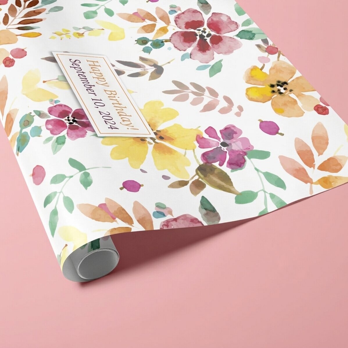Personalised gift wrapping paper - floral pattern, with text in a border