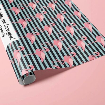 Personalised gift wrapping paper - flamingo design, with text in a border