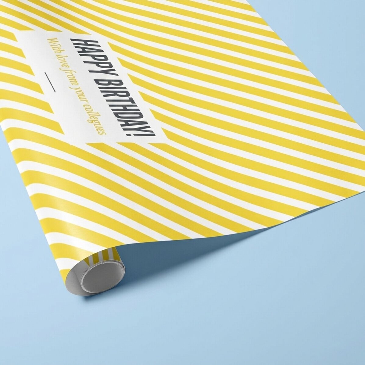 Personalised gift wrapping paper - yellow stripes pattern, with text in a border