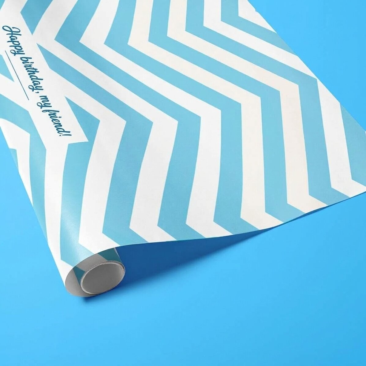 Personalised gift wrapping paper - blue stripes pattern with text in border