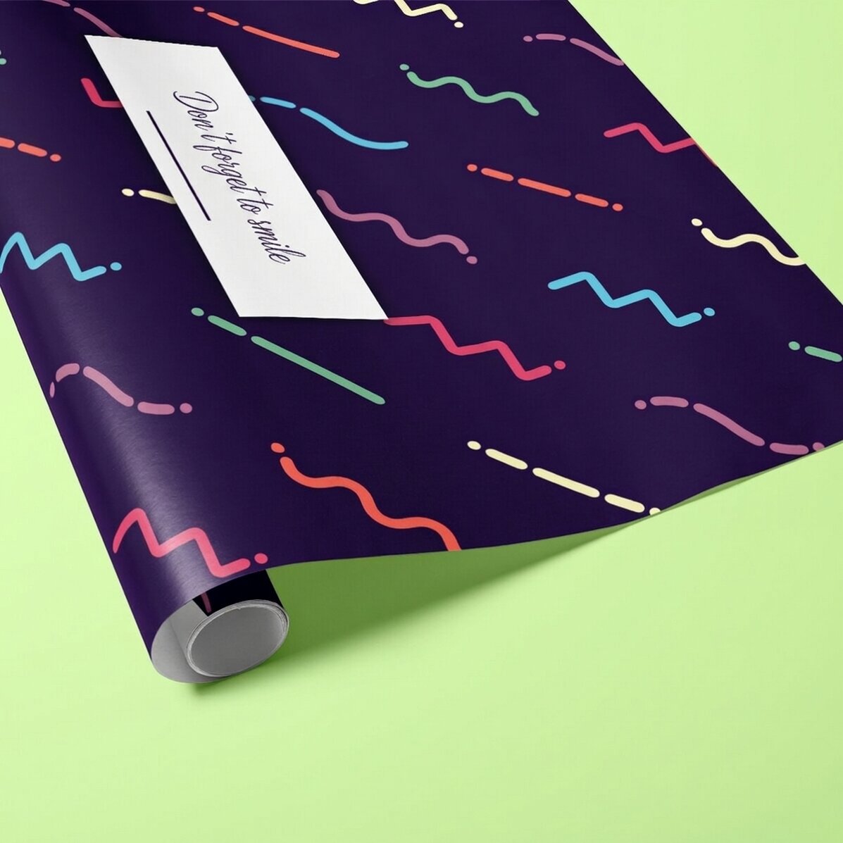 Personalised gift wrapping paper with text in a border, dark purple background