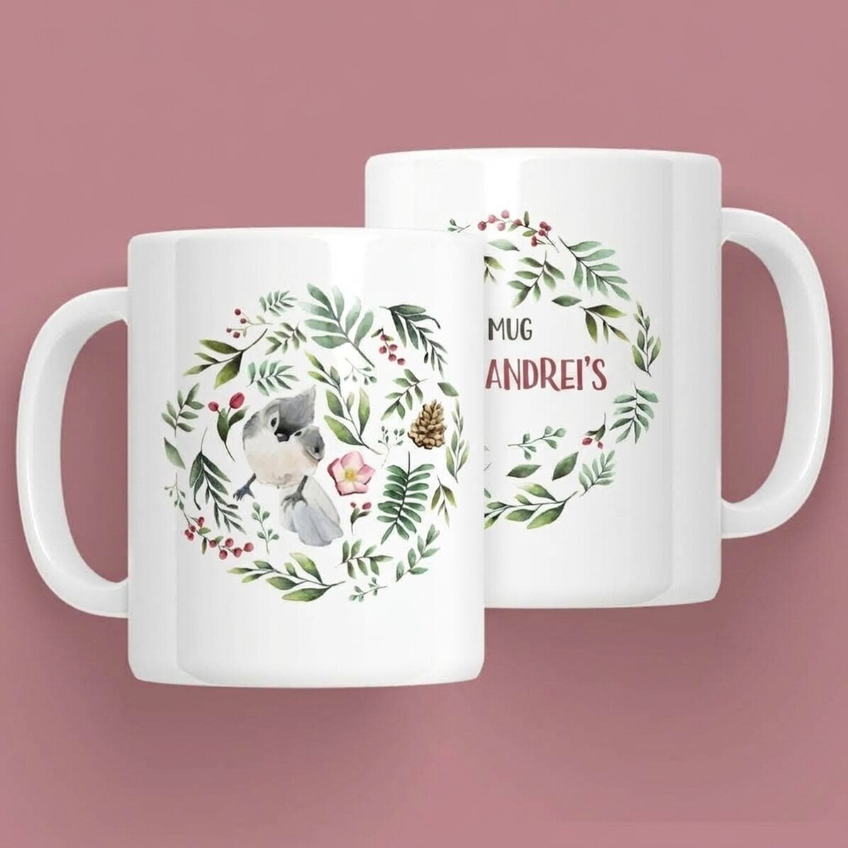 Personalised mug with bird for her - Christmas design