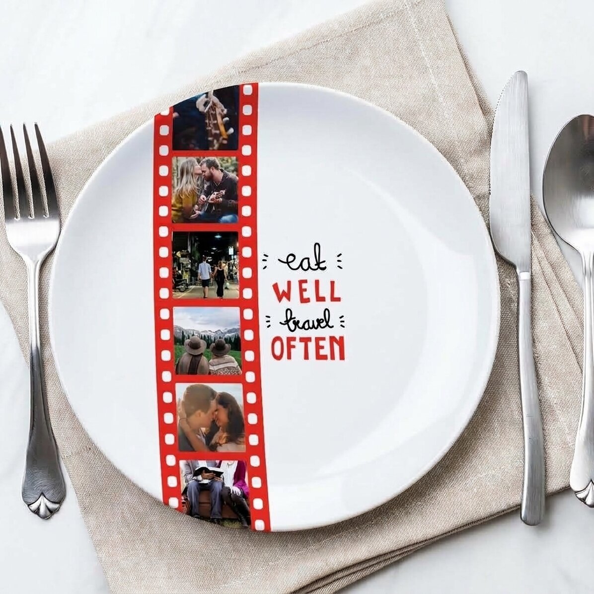 Personalised plate with 6 photos - Eat well, travel often