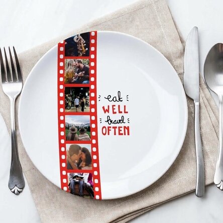 Personalised plate with 6 photos - Eat well, travel often