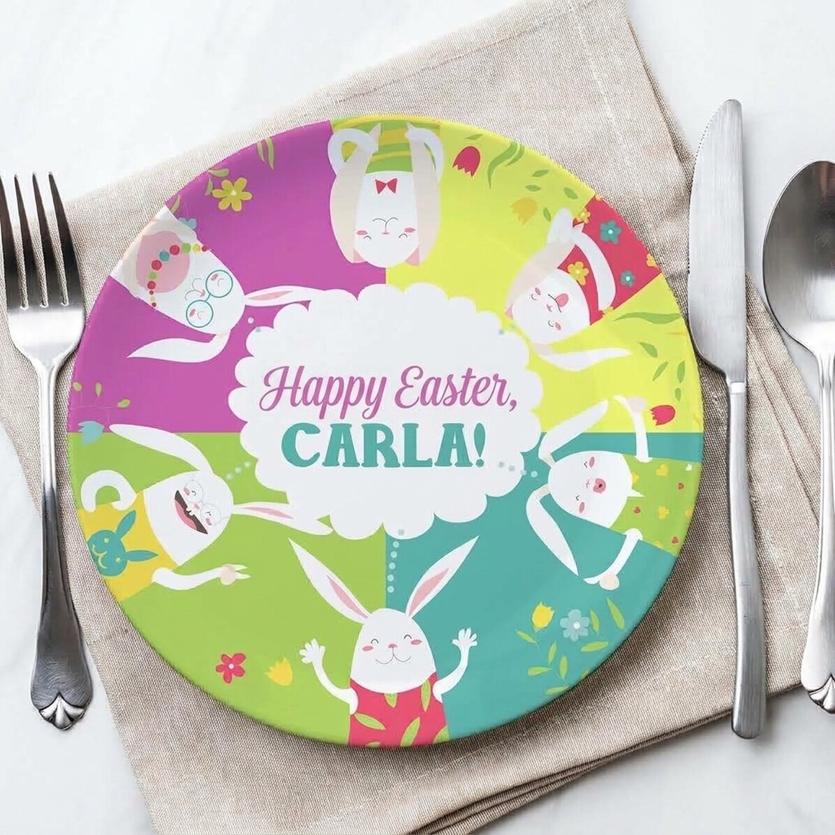 Personalised plate with text - Easter Bunnies
