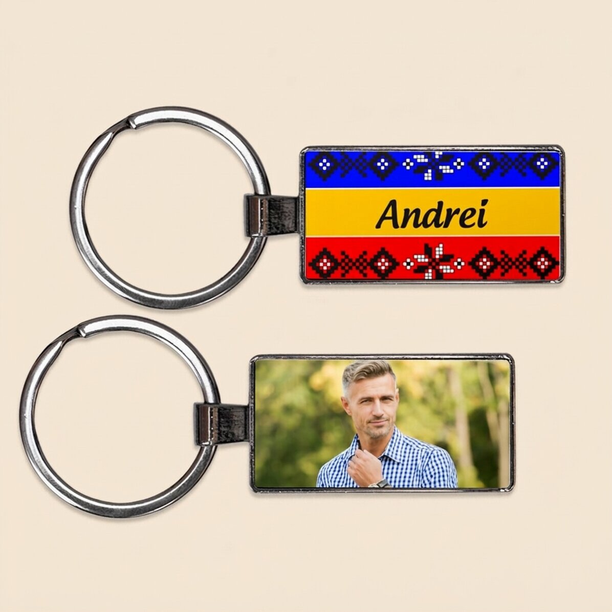 Personalised keyring with photo and text - Romanian flag
