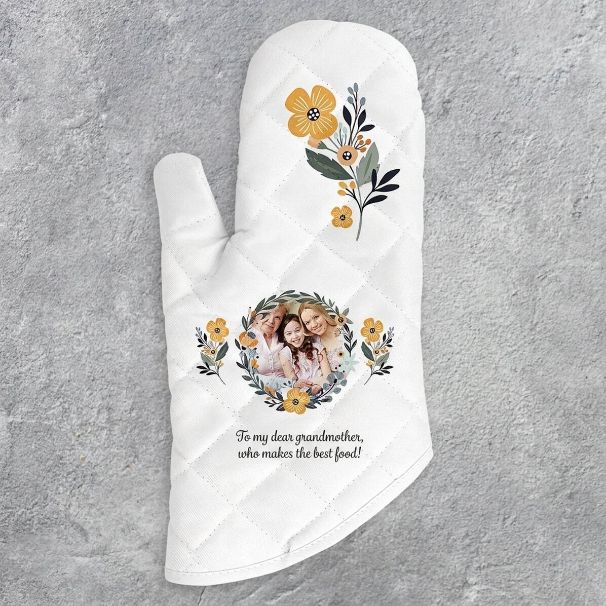 Personalised oven glove with photo and text - Flower design
