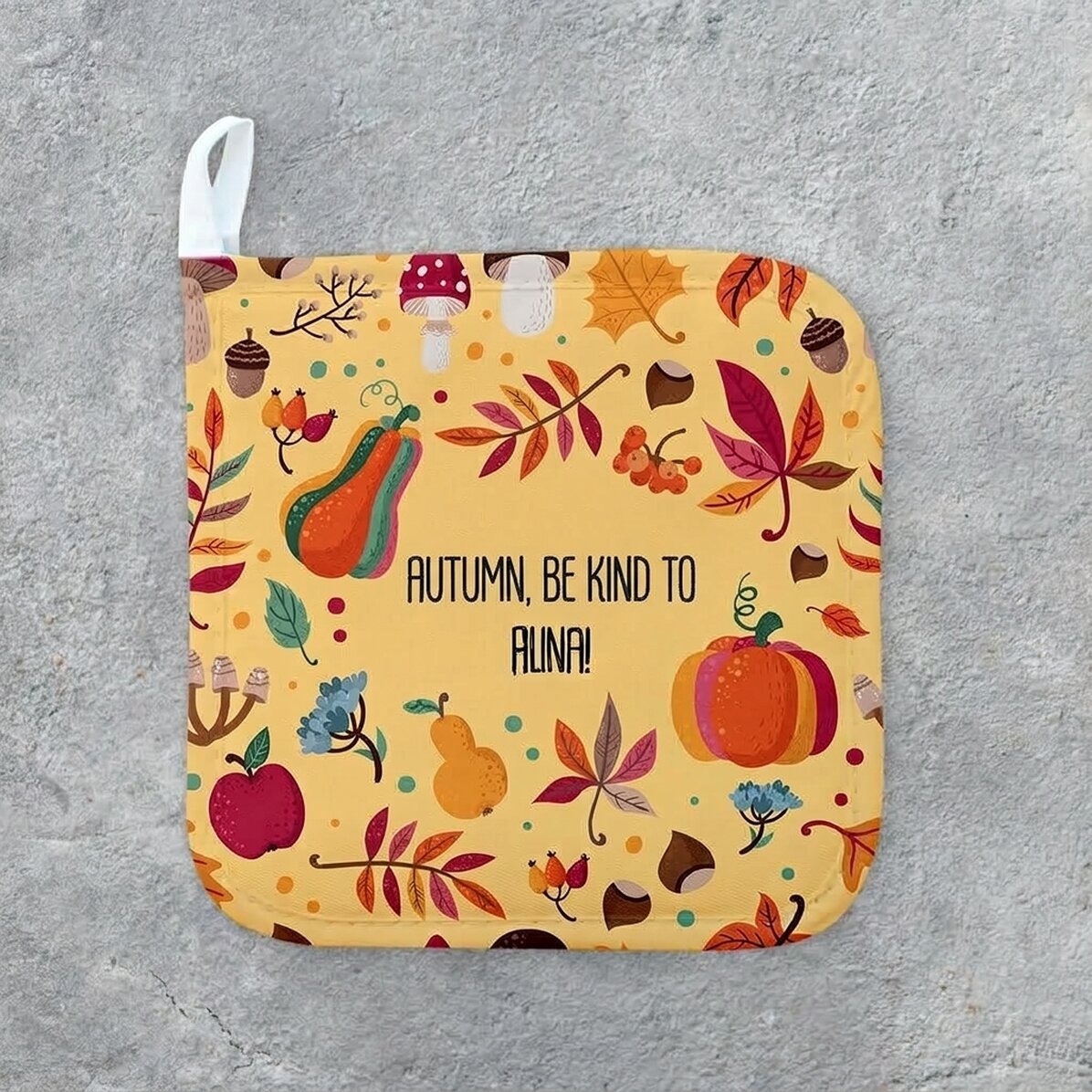 Personalised hot pot holder with text - Happy Autumn