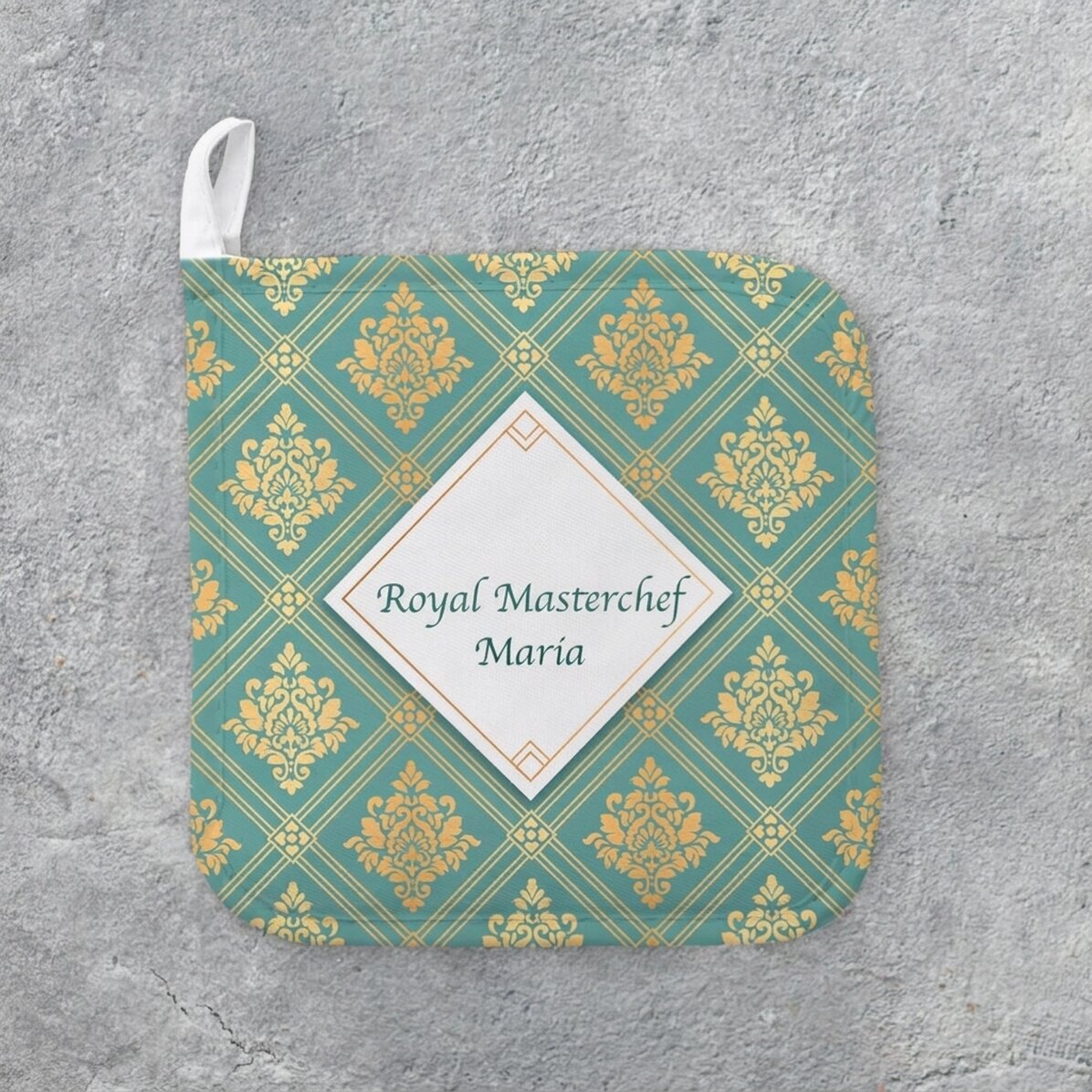 Personalised hot pot holder with text - Royale Masterchef