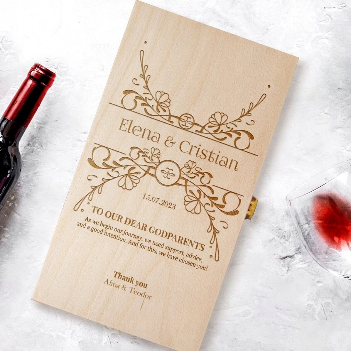 Personalised wine box for two bottles - Message for godparents