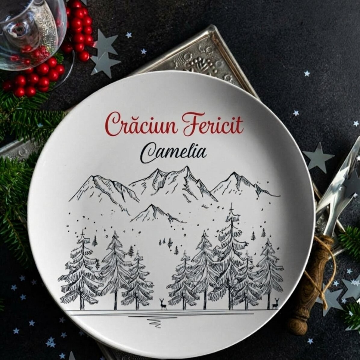 Personalised plate with text - Winter landscape
