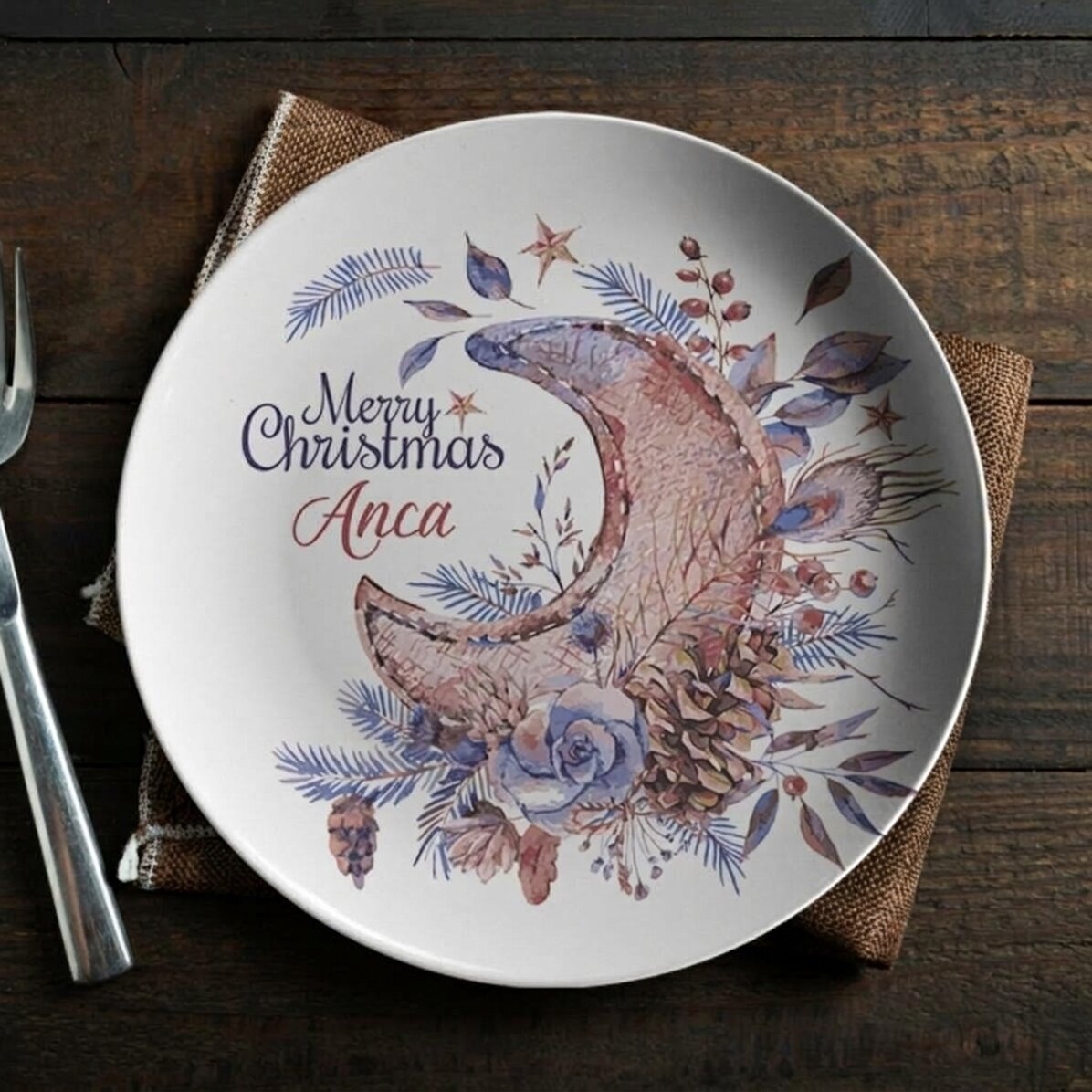 Personalised plate with text - Christmas flowers