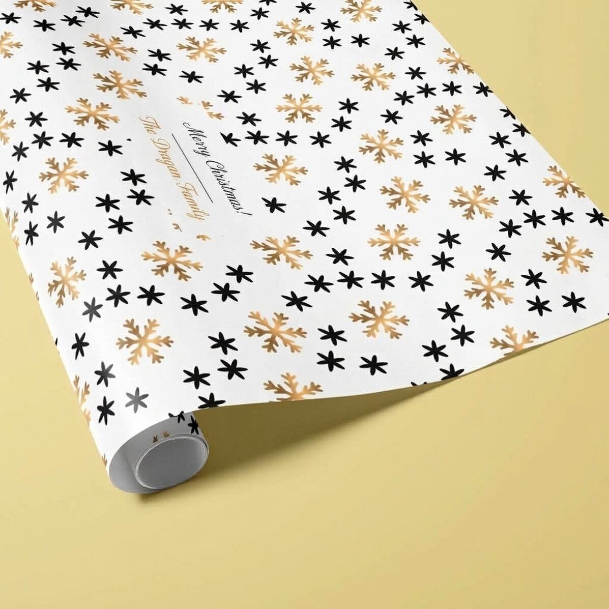 Personalised gift wrapping paper with text in a border - Snowflakes
