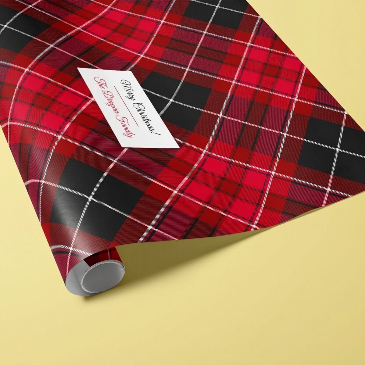 Personalised gift wrapping paper with text in a border - Tartan