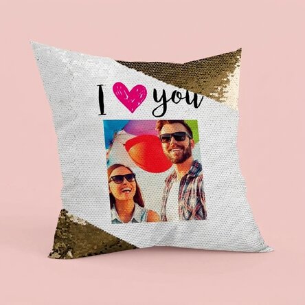Personalised sequinned cushion with photo - I love you