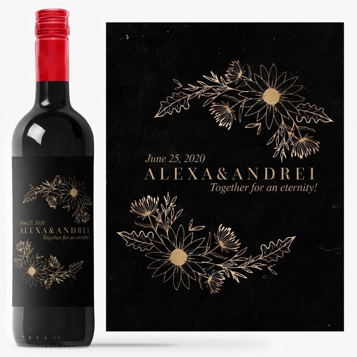 Personalised wine with text - Golden Flowers
