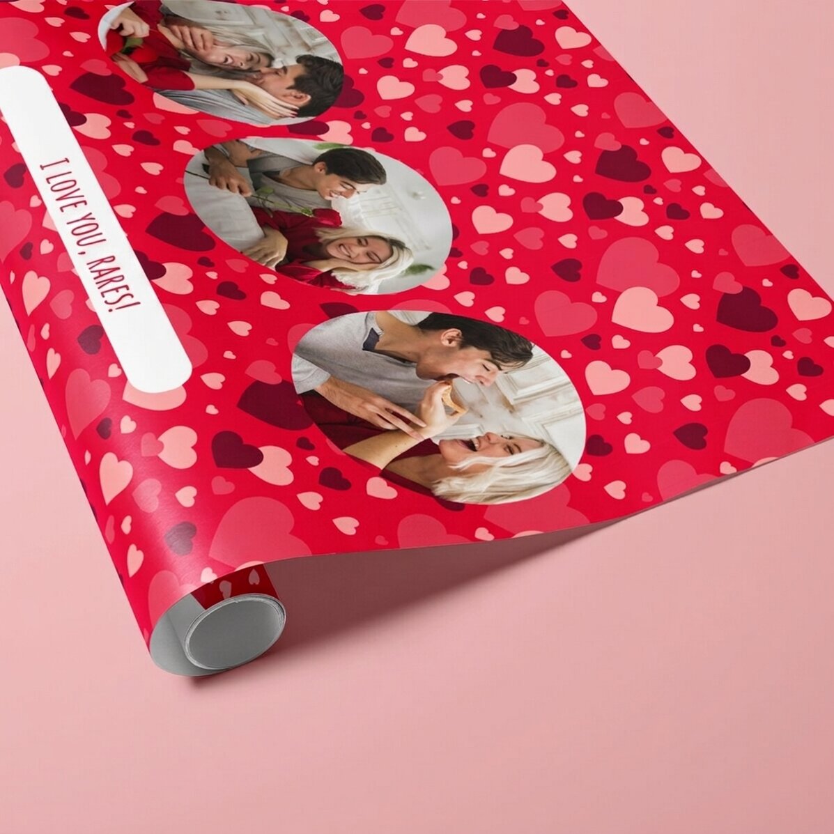 Personalised gift wrapping paper with 3 photos and text - Hearts