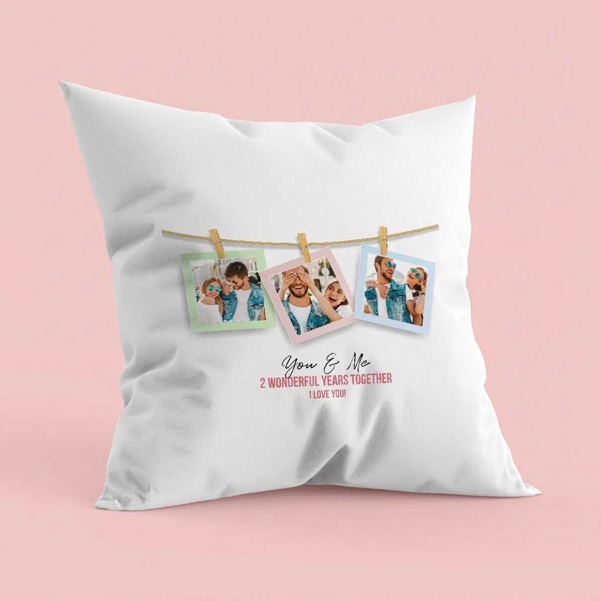 Personalised cushion with 3 photo frames and text