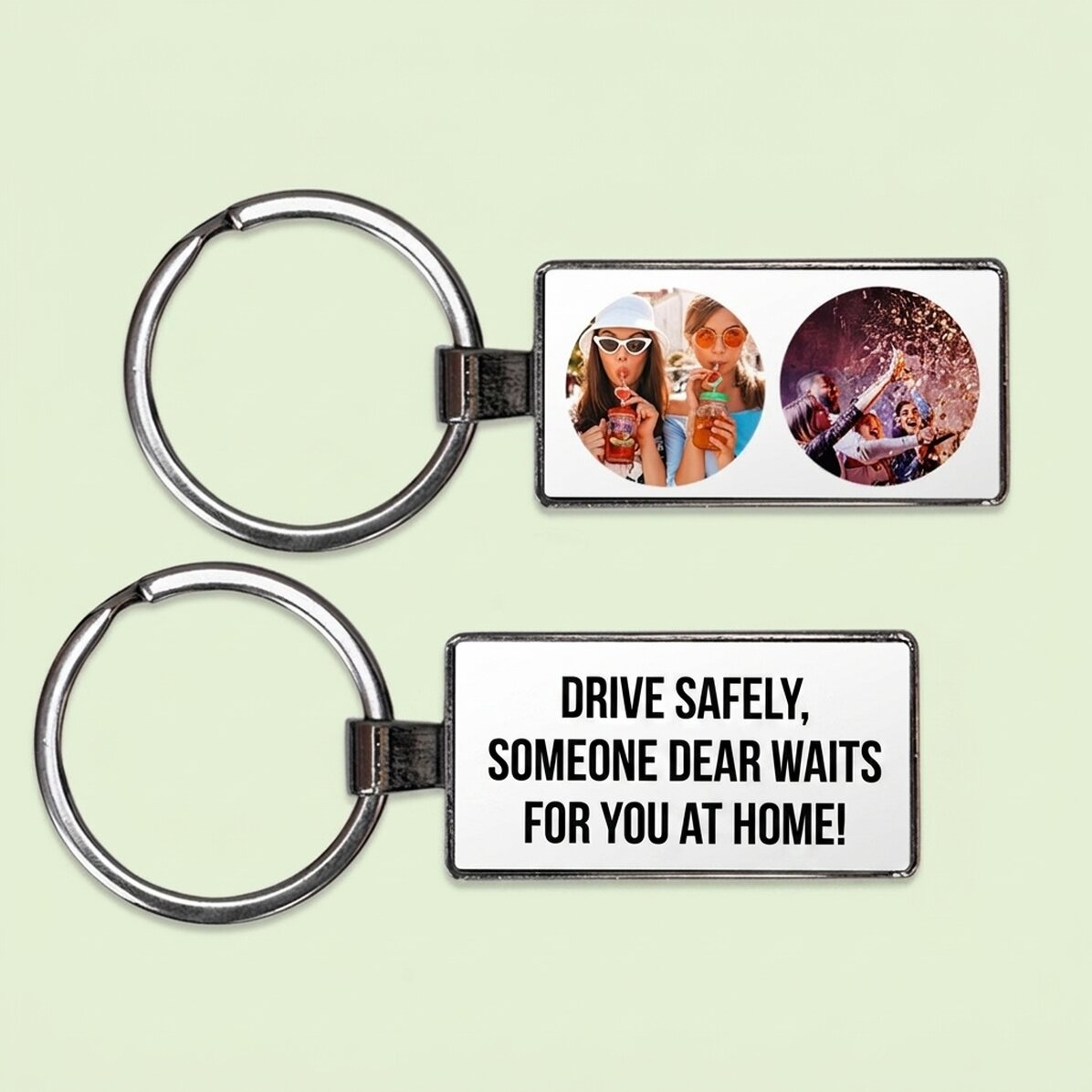 Personalised keyring with two photos and text