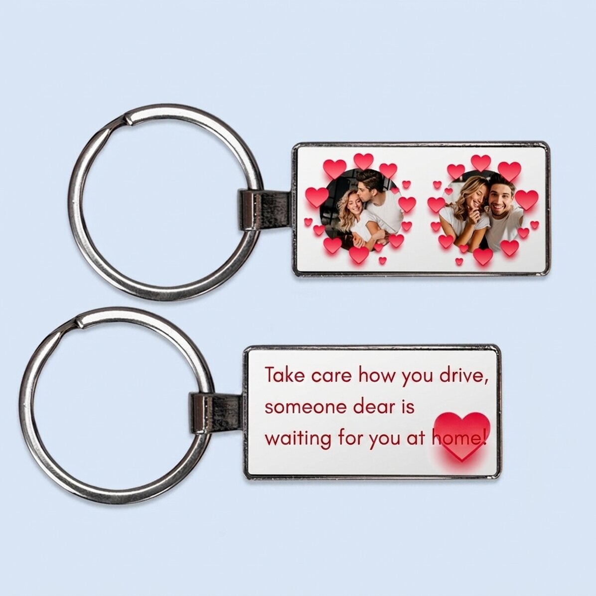 Personalised keyring with two photos and text - Hearts Model