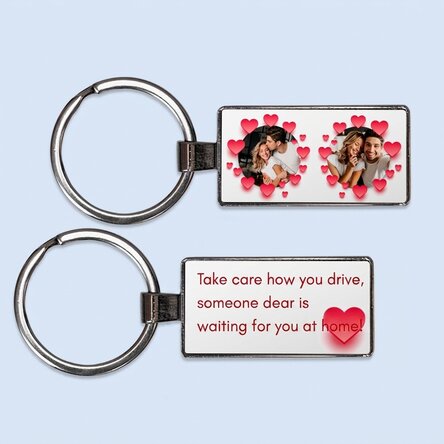 Personalised keyring with two photos and text - Hearts Model