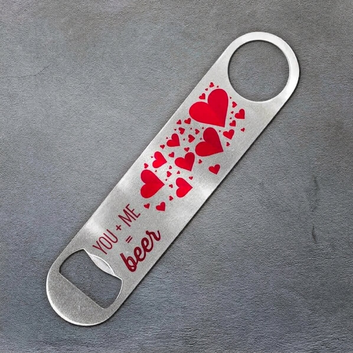 Personalised beer opener with text - You + Me = Beer
