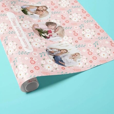 Personalised gift wrapping paper with 3 photos and text - Spring flowers