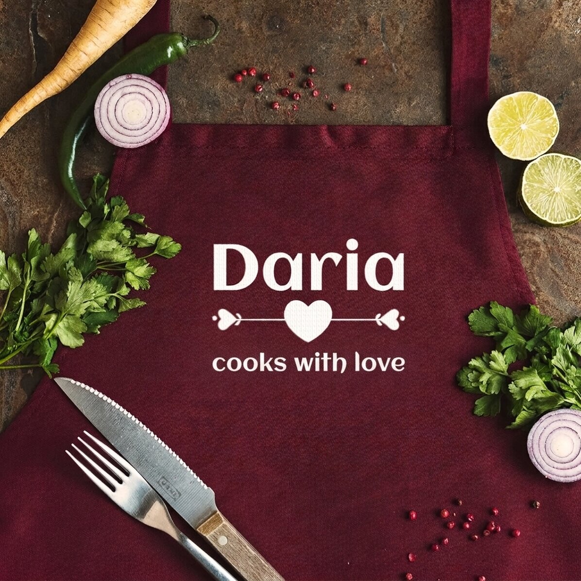 Personalised apron with text - We cook with love