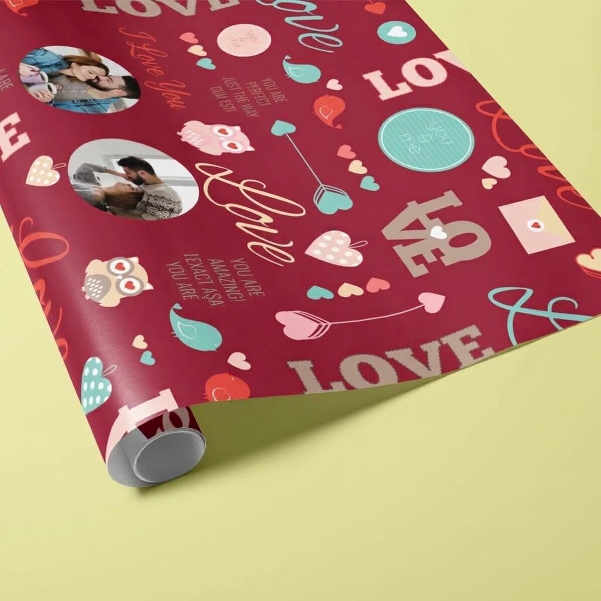 Personalised gift wrapping paper with two photos - Love pattern
