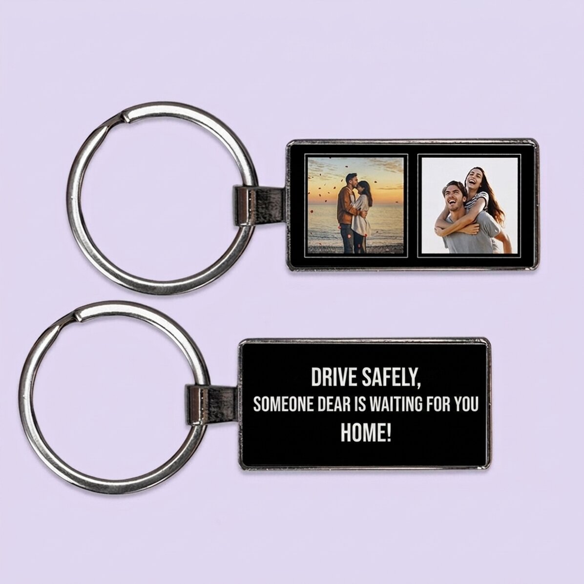 Personalised keyring with two square photos and text