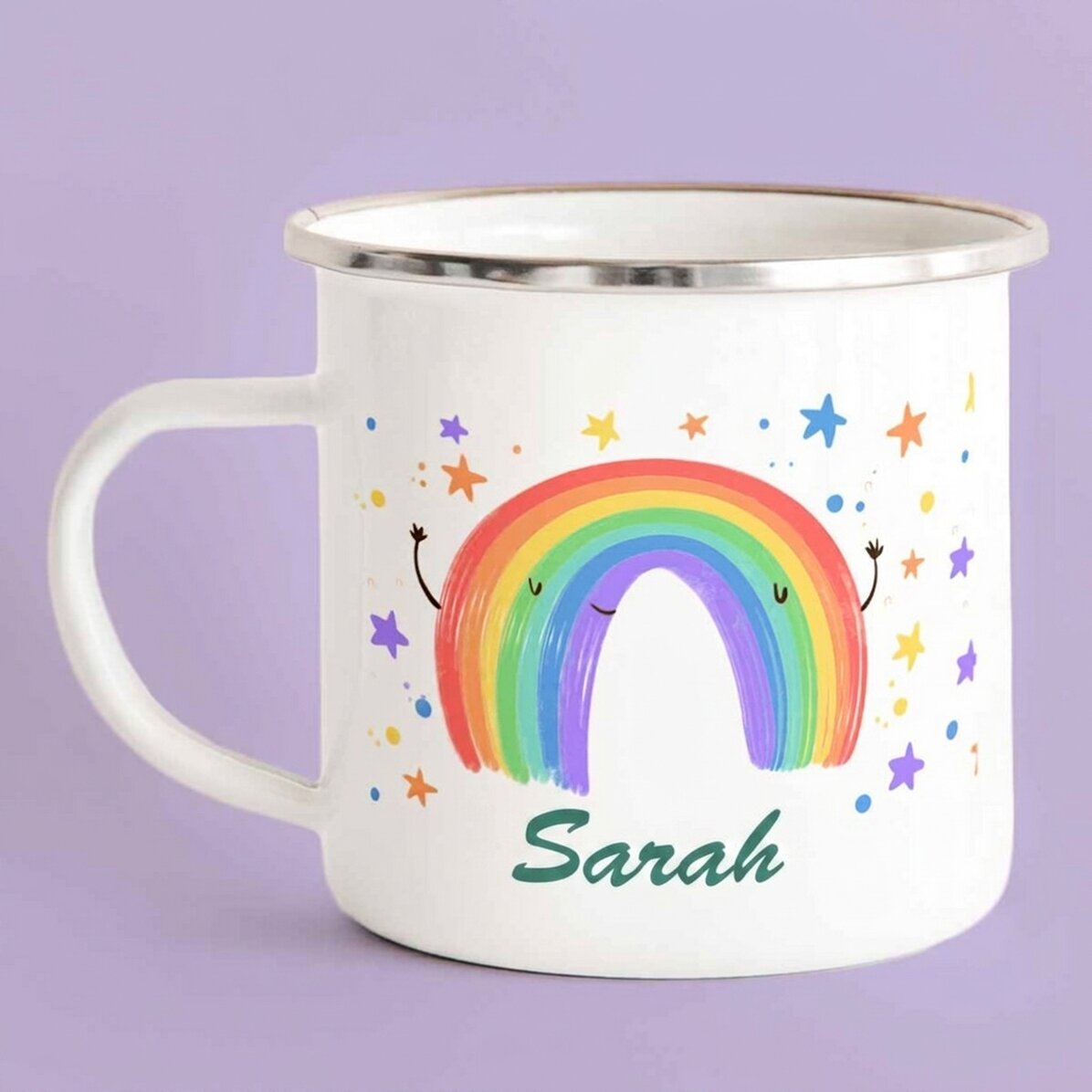 Enamelled metal mug with text - Rainbow