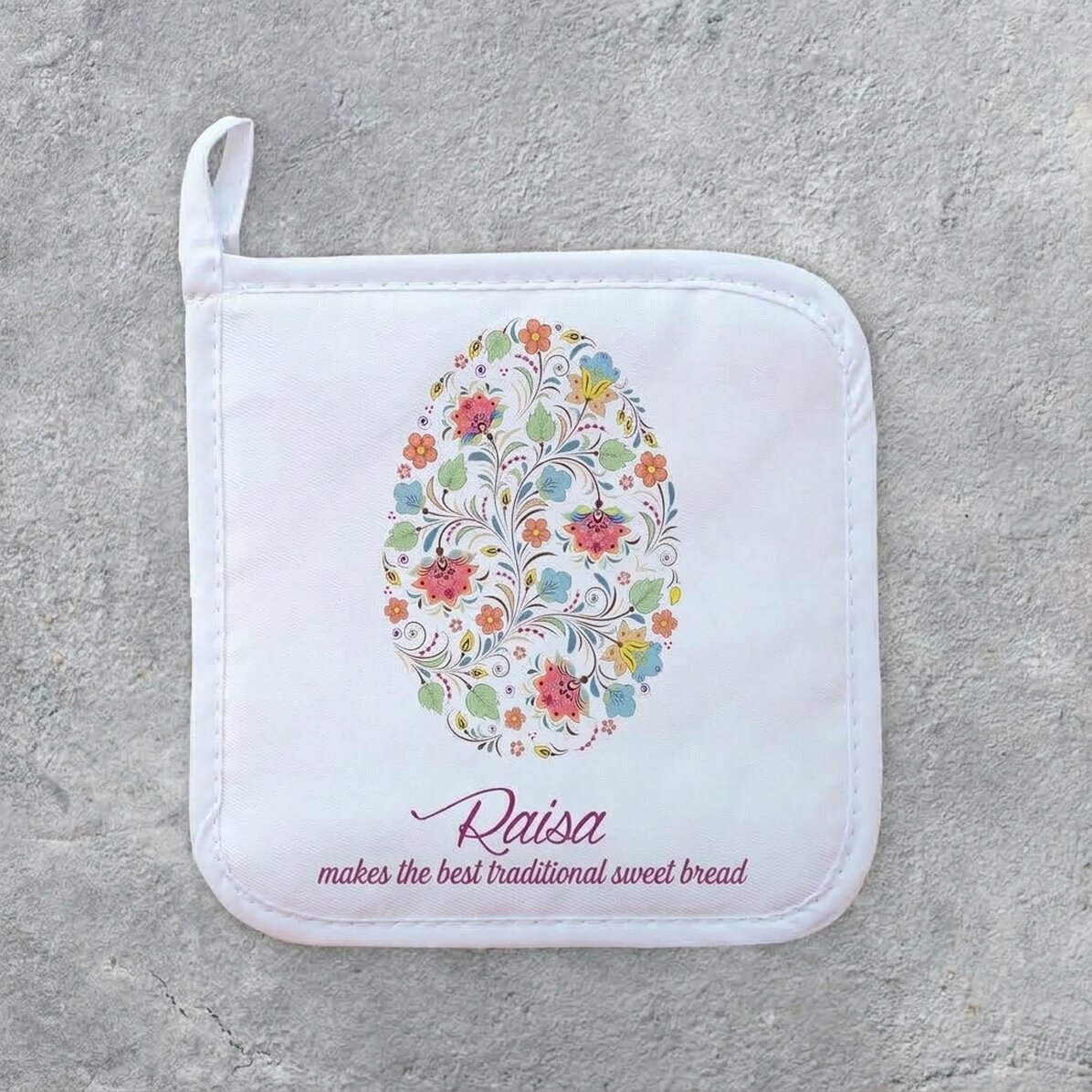 Personalised hot pot holder with text - Happy Easter