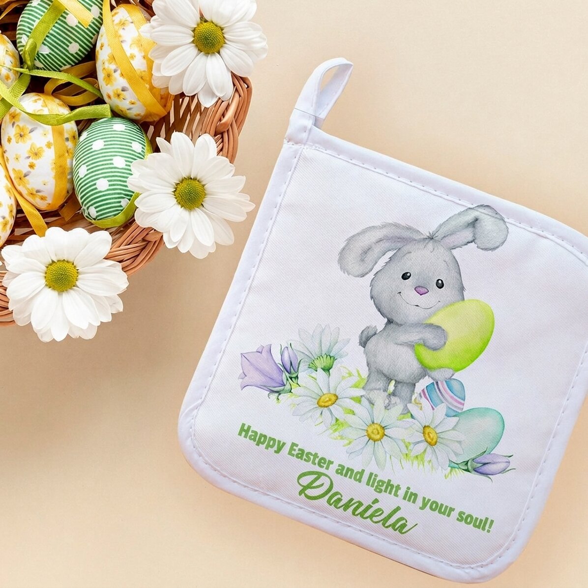 Personalised hot pot holder with text - Easter bunny