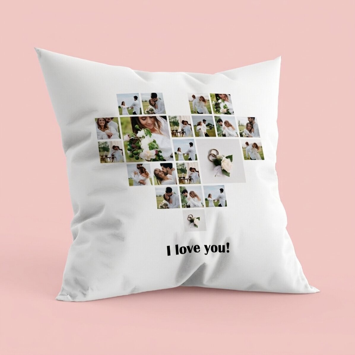 Personalised cushion with 21 heart-shaped photos and text