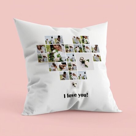 Personalised cushion with 21 heart-shaped photos and text