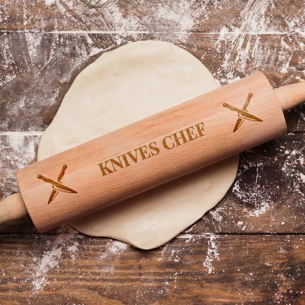 Personalised wooden rolling pin - Chef at knives