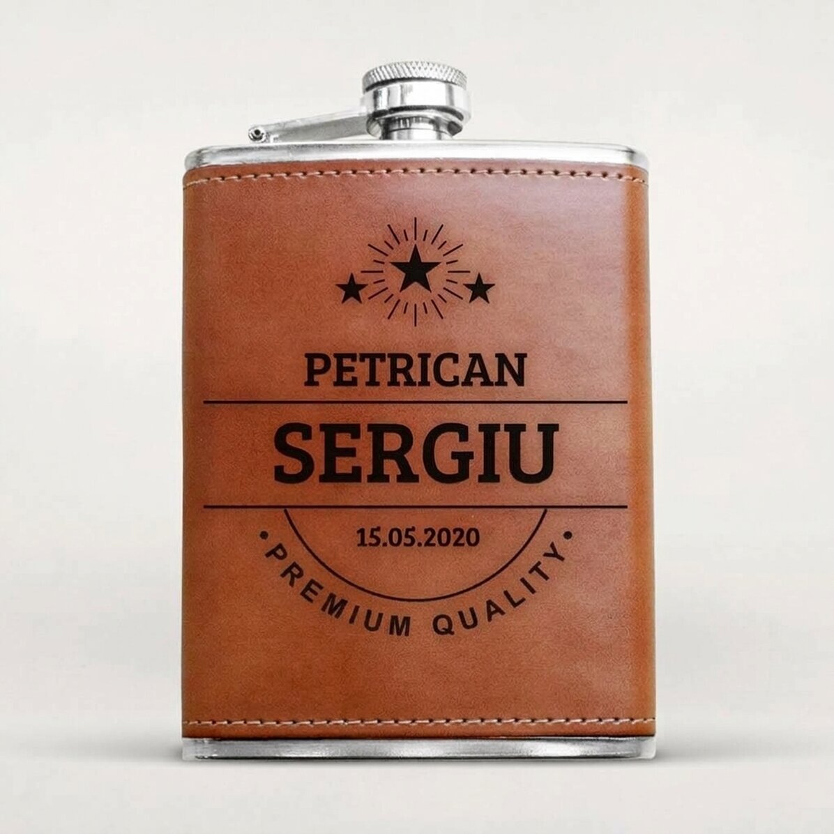 Personalised pocket flask covered in leather with name