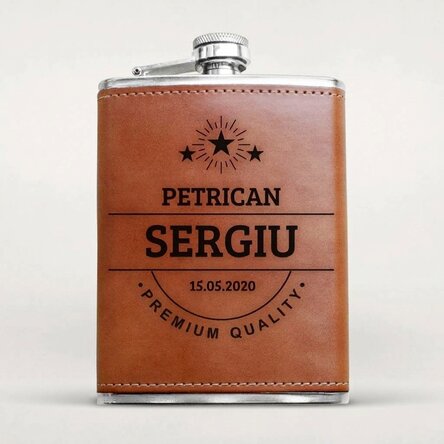 Personalised pocket flask covered in leather with name
