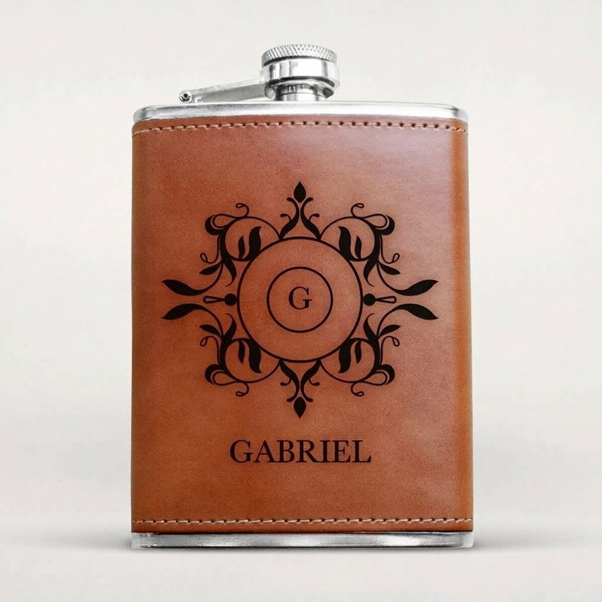 Personalised leather-covered pocket flask - Monogram