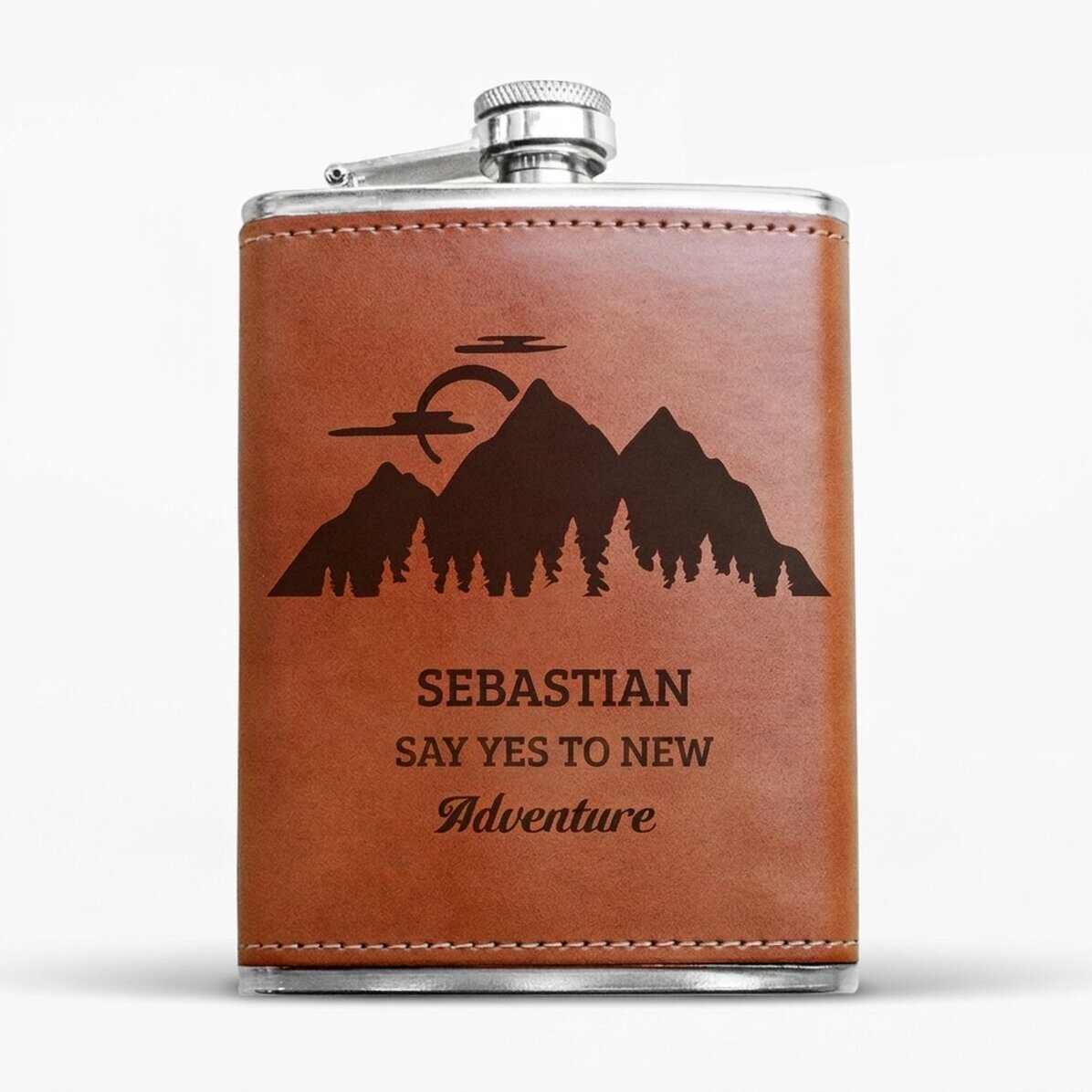 Personalised leather-covered pocket flask - Adventure time