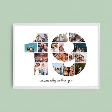 Personalised landscape canvas with 17 photos, model number 19 and text message