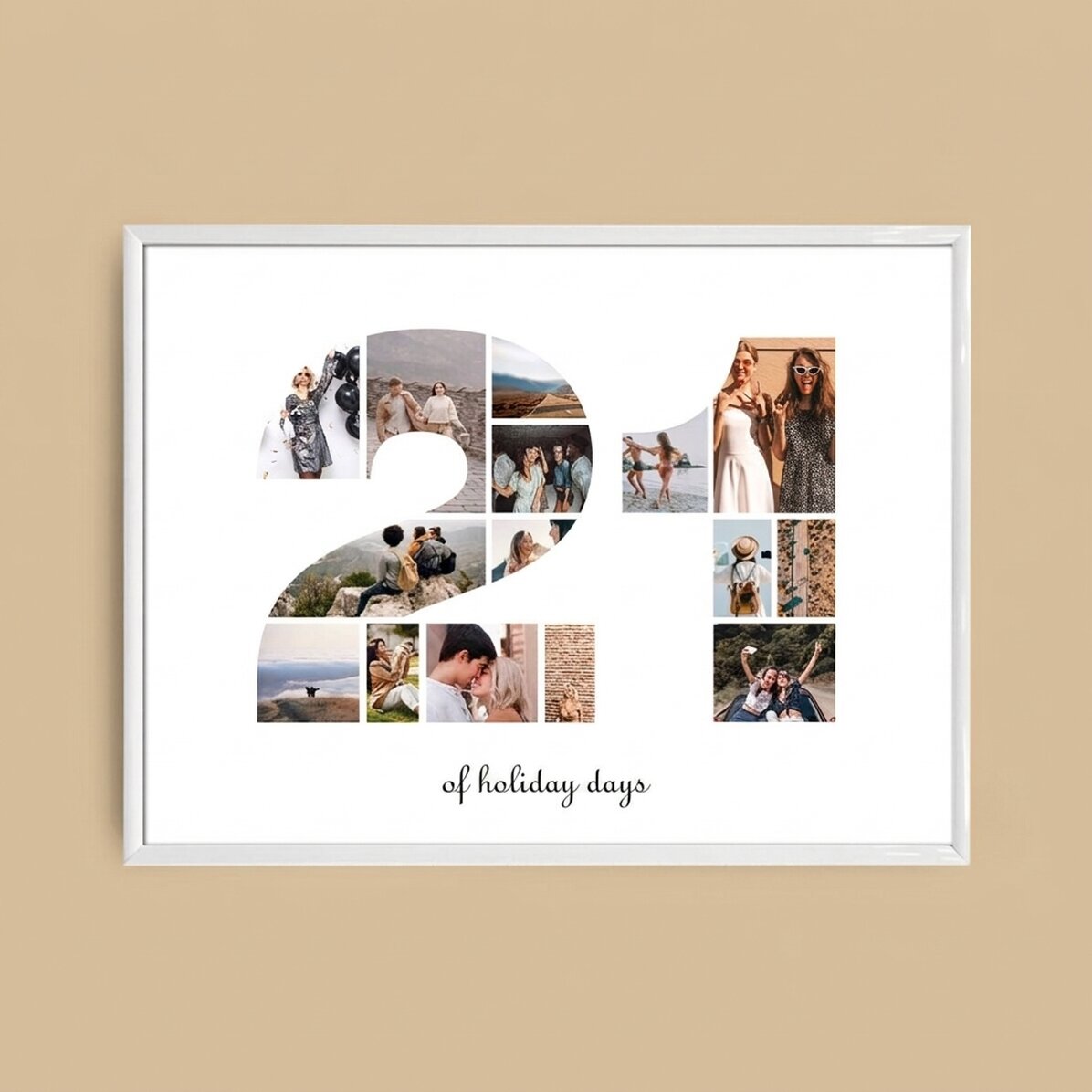 Personalised landscape canvas with 15 photos, model number 21, and text message