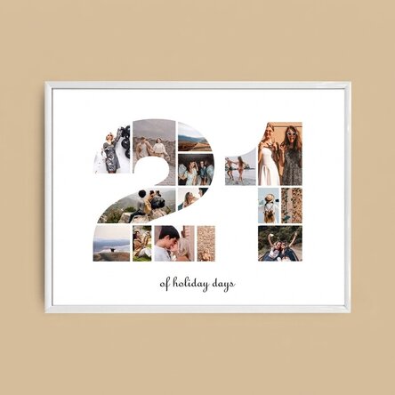 Personalised landscape canvas with 15 photos, model number 21, and text message