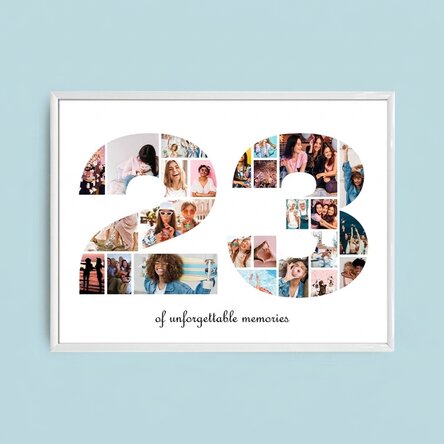 Personalised landscape canvas with 25 photos, model number 23, and text message