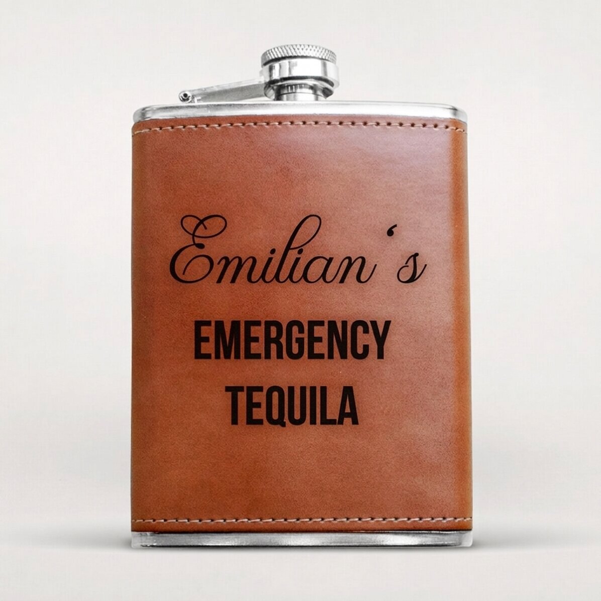 Personalised leather-covered hip flask - Emergency Tequila