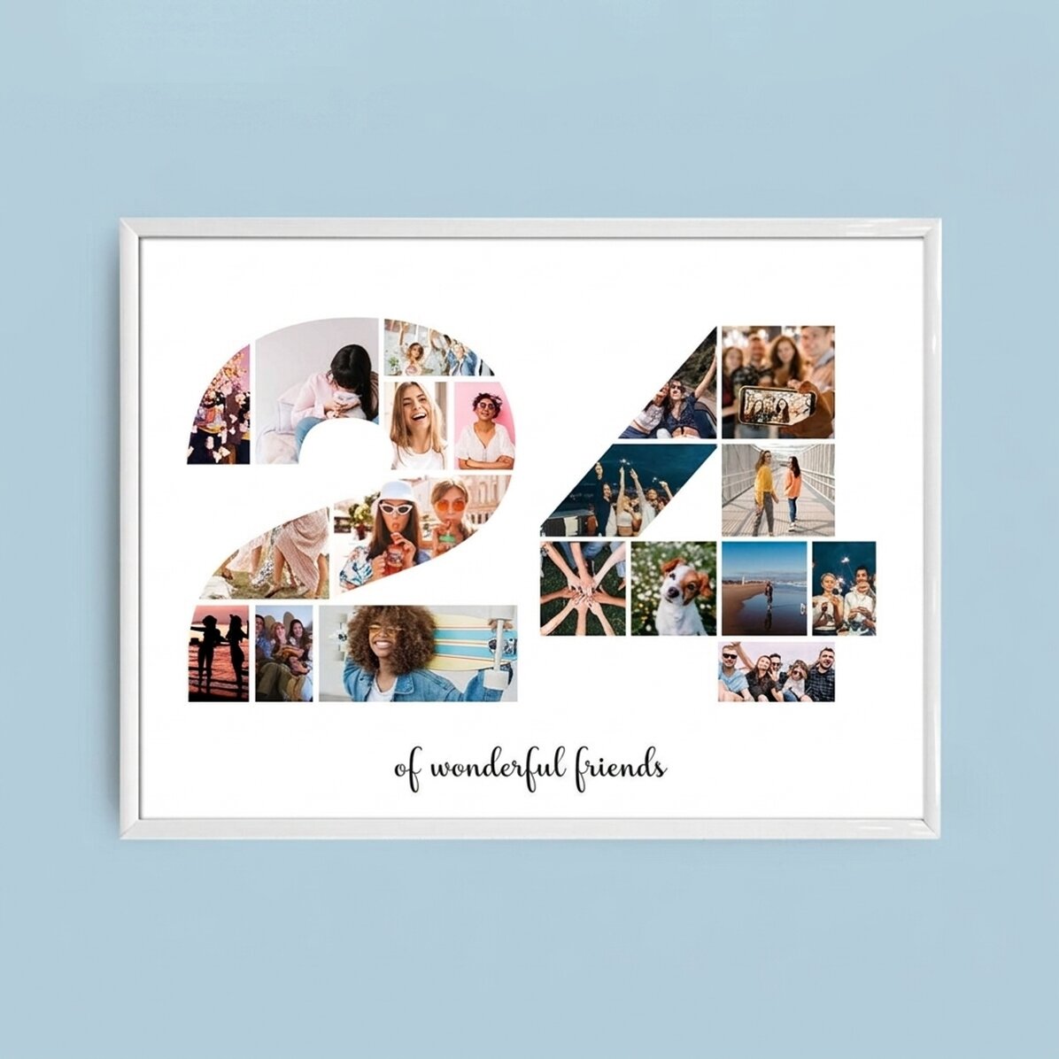 Personalised landscape picture frame with 19 photos, model number 24, and text message