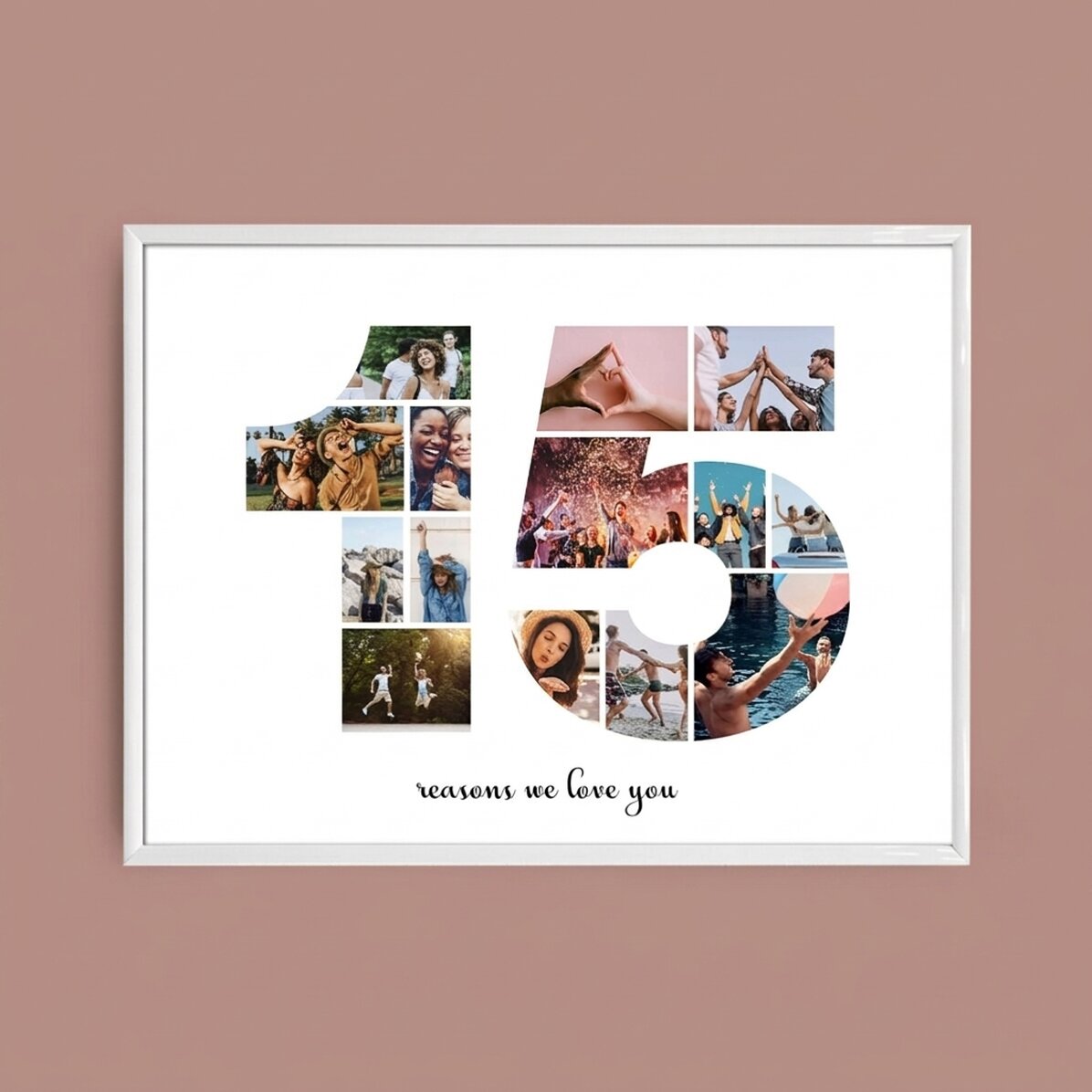 Personalised landscape canvas with 14 photos, model number 15 and text message