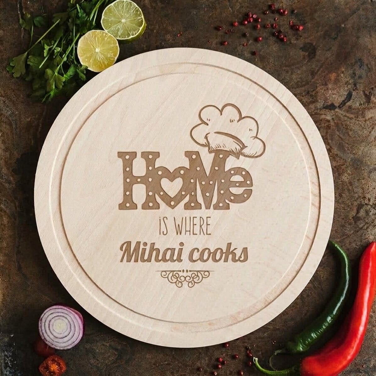 Personalised round chopping board - Home is where...