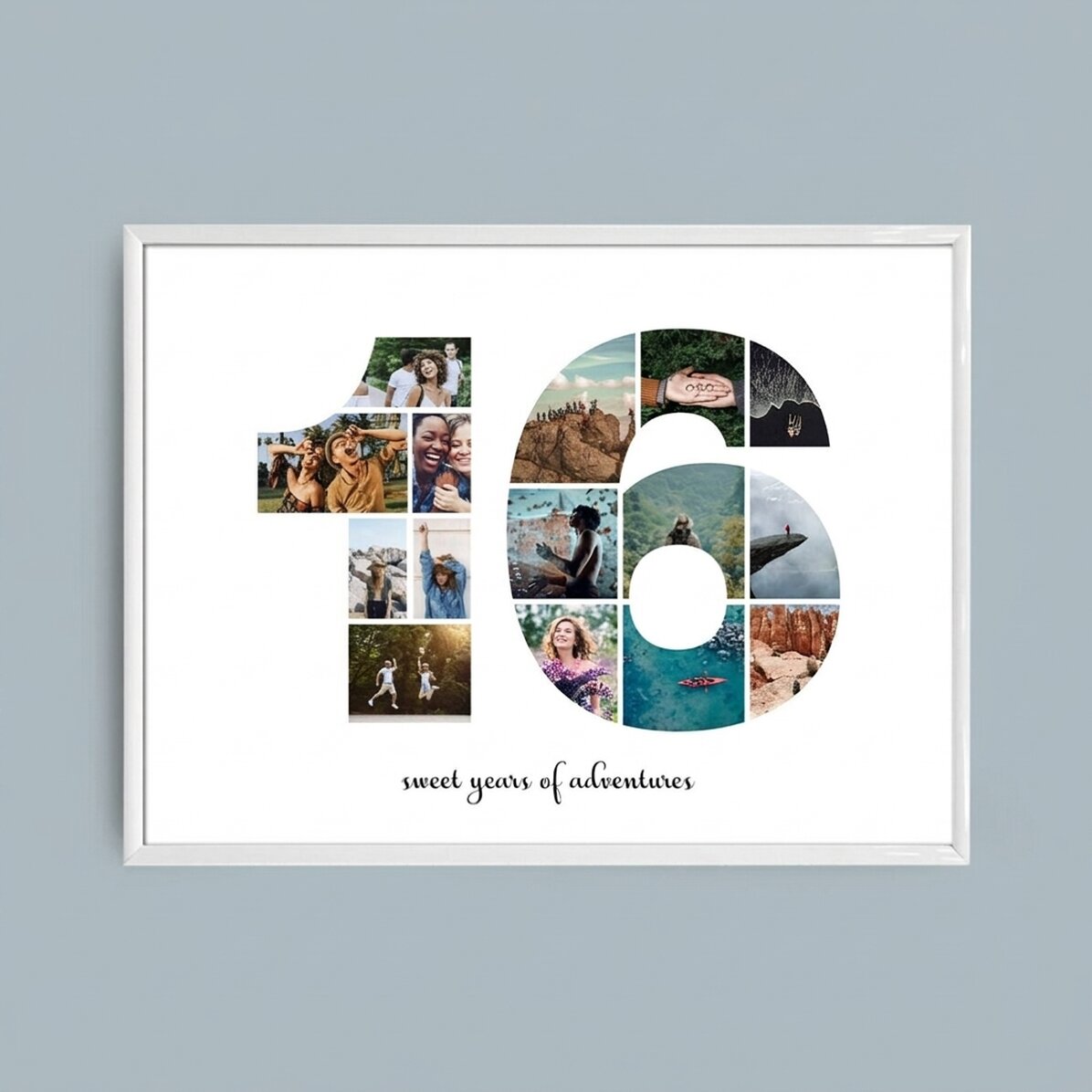 Personalised landscape canvas with 15 photos, model number 16 and text message
